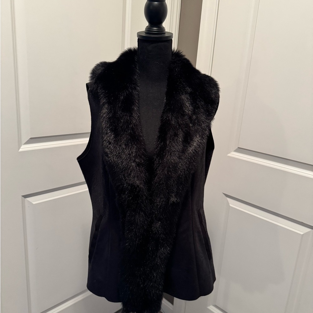 WHBM Black Faux Fur-Trimmed Vest